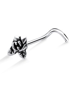 Rose with Leaf Shaped Silver Curved Nose Stud NSKB-755